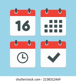Stellen Sie Vektorsymbole auf der Seite Kalender - Nummer 16, Agenda App, Timer, Markierung fertig. Ja, Erfolg, Überprüfung, genehmigt, Erinnerung und Zeitplan bestätigen. Uhrzeit, Uhrzeit und Erinnerung