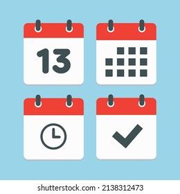 Establecer el calendario de páginas de iconos vectoriales - número 13, aplicación de agenda, temporizador, marca realizada. Sí, éxito, comprobación, aprobación, confirmación de recordatorio y programación. Tiempo, reloj y recordatorio
