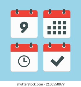 Set vector icons page calendar - number 9, agenda app, timer and mark done. 