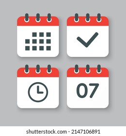 Establecer el calendario de páginas de iconos vectoriales - número 7, aplicación de agenda, temporizador, marca realizada. Sí, éxito, comprobación, aprobación, confirmación de recordatorio y programación. Tiempo, reloj y recordatorio