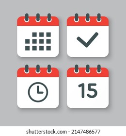 Set vector icons page calendar - number 15, agenda app, timer, mark done. Yes, success, check, approved, confirm reminder and schedule. Time, clock and reminder