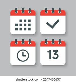 Stellen Sie Vektorsymbole auf der Seite Kalender - Nummer 13, Agenda App, Timer, Markierung fertig. Ja, Erfolg, Überprüfung, genehmigt, Erinnerung und Zeitplan bestätigen. Uhrzeit, Uhrzeit und Erinnerung
