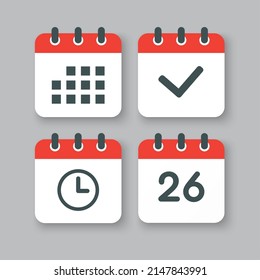 Stellen Sie Vektorsymbole auf der Seite Kalender - Nummer 26, Agenda App, Timer, Markierung fertig. Ja, Erfolg, Überprüfung, genehmigt, Erinnerung und Zeitplan bestätigen. Uhrzeit, Uhrzeit und Erinnerung