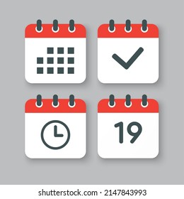Establecer el calendario de páginas de iconos vectoriales - número 19, aplicación de agenda, temporizador, marca realizada. Sí, éxito, comprobación, aprobación, confirmación de recordatorio y programación. Tiempo, reloj y recordatorio