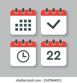 Set vector icons page calendar - number 22, agenda app, timer, mark done. Yes, success, check, approved, confirm reminder and schedule. Time, clock and reminder