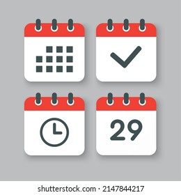 Stellen Sie Vektorsymbole auf der Seite Kalender - Nummer 29, Agenda App, Timer, Markierung fertig. Ja, Erfolg, Überprüfung, genehmigt, Erinnerung und Zeitplan bestätigen. Uhrzeit, Uhrzeit und Erinnerung