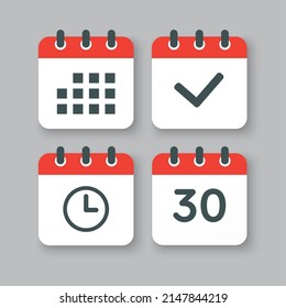 Stellen Sie Vektorsymbole auf der Seite Kalender - Nummer 30, Agenda App, Timer, Markierung fertig. Ja, Erfolg, Überprüfung, genehmigt, Erinnerung und Zeitplan bestätigen. Uhrzeit, Uhrzeit und Erinnerung