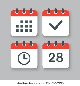 Set vector icons page calendar - number 28, agenda app, timer, mark done. Yes, success, check, approved, confirm reminder and schedule. Time, clock and reminder