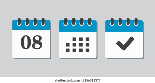 Establecer el calendario de la página de iconos vectoriales - número 8, marca hecha, aplicación agenda. Marcar negocio, fecha límite, icono de fecha. Pictograma sí, éxito, comprobación, aprobación, confirmación y recordatorio. Calendario ocho