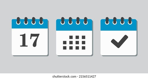 Set vector icons page calendar - number 17, mark done, agenda app. Mark business, deadline, date icon. Pictogram yes, success, check, approved, confirm and reminder. Date schedule seventeen
