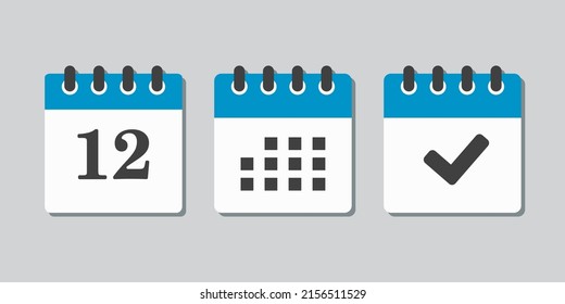 Set vector icons page calendar - number 12, mark done, agenda app. Mark business, deadline, date icon. Pictogram yes, success, check, approved, confirm and reminder. Date schedule twelve