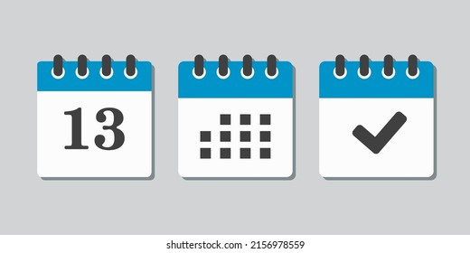 Set vector icons page calendar - number 13, mark done, agenda app. Mark business, deadline, date icon. Pictogram yes, success, check, approved, confirm and reminder. Date schedule thirteen