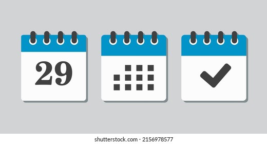 Establecer el calendario de la página de iconos vectoriales - número 29, marca hecha, aplicación agenda. Marcar negocio, fecha límite, icono de fecha. Pictograma sí, éxito, comprobación, aprobación, confirmación y recordatorio. Calendario veintinueve