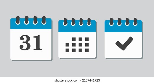 Set vector icons page calendar - number 31, mark done, agenda app. Mark business, deadline, date icon. Pictogram yes, success, check, approved, confirm and reminder. Date schedule thirty one