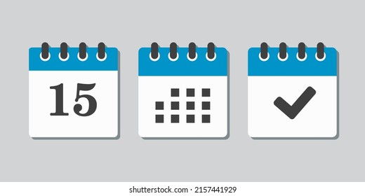 Set vector icons page calendar - number 15, mark done, agenda app. Mark business, deadline, date icon. Pictogram yes, success, check, approved, confirm and reminder. Date schedule fifteen