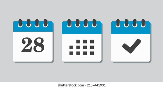 Set vector icons page calendar - number 28, mark done, agenda app. Mark business, deadline, date icon. Pictogram yes, success, check, approved, confirm and reminder. Date schedule twenty eight