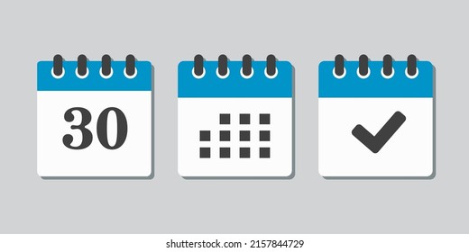 Set vector icons page calendar - number 30, mark done, agenda app. Mark business, deadline, date icon. Pictogram yes, success, check, approved, confirm and reminder. Date schedule thirty