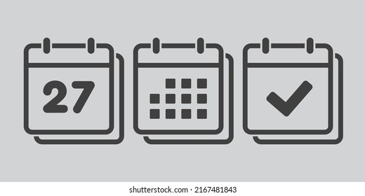 Set vector icons page calendar - number 27, mark done, agenda app. Mark business, deadline, date icon. Pictogram yes, success, check, approved, confirm and reminder. Date schedule twenty seven