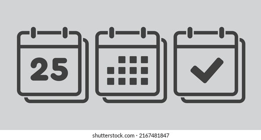 Set vector icons page calendar - number 25, mark done, agenda app. Mark business, deadline, date icon. Pictogram yes, success, check, approved, confirm and reminder. Date schedule twenty five
