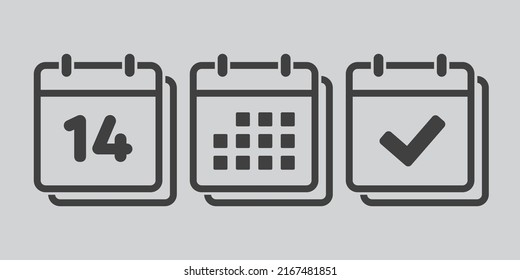 Set vector icons page calendar - number 14, mark done, agenda app. Mark business, deadline, date icon. Pictogram yes, success, check, approved, confirm and reminder. Date schedule fourteen