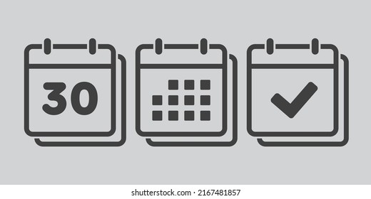 Establecer el calendario de la página de iconos vectoriales - número 30, marca hecha, aplicación agenda. Marcar negocio, fecha límite, icono de fecha. Pictograma sí, éxito, comprobación, aprobación, confirmación y recordatorio. Calendario treinta