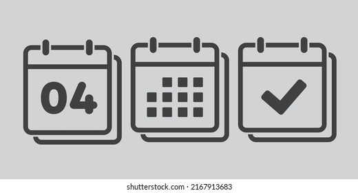 Establecer el calendario de la página de iconos vectoriales - número 4, marca hecha, aplicación agenda. Marcar negocio, fecha límite, icono de fecha. Pictograma sí, éxito, comprobación, aprobación, confirmación y recordatorio. Calendario cuatro