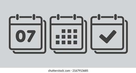 Set vector icons page calendar - number 7, mark done, agenda app. Mark business, deadline, date icon. Pictogram yes, success, check, approved, confirm and reminder. Date schedule seven