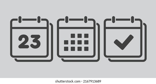 Set vector icons page calendar - number 23, mark done, agenda app. Mark business, deadline, date icon. Pictogram yes, success, check, approved, confirm and reminder. Date schedule twenty three