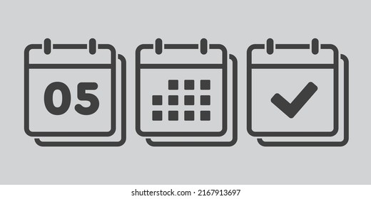 Set vector icons page calendar - number 5, mark done, agenda app. Mark business, deadline, date icon. Pictogram yes, success, check, approved, confirm and reminder. Date schedule five