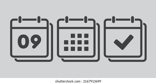 Set vector icons page calendar - number 9, mark done, agenda app. Mark business, deadline, date icon. Pictogram yes, success, check, approved, confirm and reminder. Date schedule nine