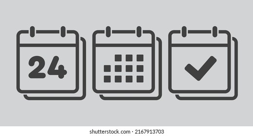 Establecer el calendario de la página de iconos vectoriales - número 24, marca hecha, aplicación agenda. Marcar negocio, fecha límite, icono de fecha. Pictograma sí, éxito, comprobación, aprobación, confirmación y recordatorio. Calendario veinticuatro