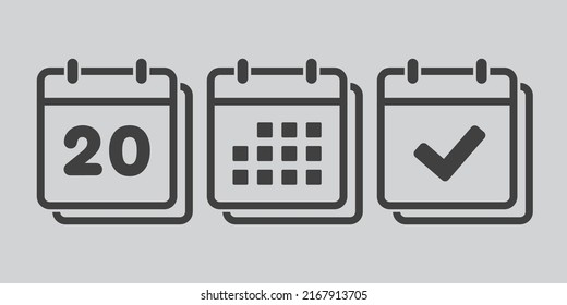 Establecer el calendario de la página de iconos vectoriales - número 20, marca hecha, aplicación agenda. Marcar negocio, fecha límite, icono de fecha. Pictograma sí, éxito, comprobación, aprobación, confirmación y recordatorio. Calendario veinte