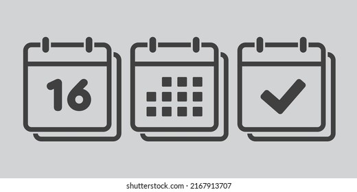 Set vector icons page calendar - number 16, mark done, agenda app. Mark business, deadline, date icon. Pictogram yes, success, check, approved, confirm and reminder. Date schedule sixteen