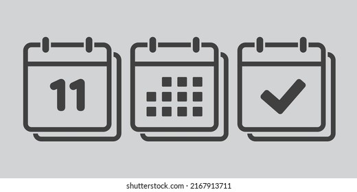 Set vector icons page calendar - number 11, mark done, agenda app. Mark business, deadline, date icon. Pictogram yes, success, check, approved, confirm and reminder. Date schedule eleven