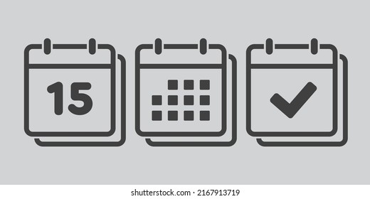 Set vector icons page calendar - number 15, mark done, agenda app. Mark business, deadline, date icon. Pictogram yes, success, check, approved, confirm and reminder. Date schedule fifteen