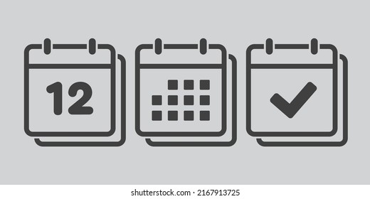 Set vector icons page calendar - number 12, mark done, agenda app. Mark business, deadline, date icon. Pictogram yes, success, check, approved, confirm and reminder. Date schedule twelve