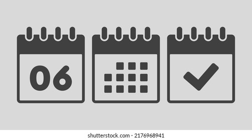 Establecer el calendario de la página de iconos vectoriales - número 6, marca hecha, aplicación agenda. Marcar negocio, fecha límite, icono de fecha. Pictograma sí, éxito, comprobación, aprobación, confirmación y recordatorio. Calendario seis