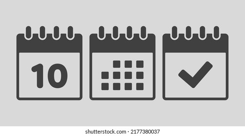 Establecer el calendario de páginas de iconos vectoriales - número 10, marca hecha, aplicación agenda. Marcar negocio, fecha límite, icono de fecha. Pictograma sí, éxito, comprobación, aprobación, confirmación y recordatorio. Fecha programada diez