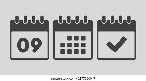 Establecer el calendario de la página de iconos vectoriales - número 9, marca hecha, aplicación agenda. Marcar negocio, fecha límite, icono de fecha. Pictograma sí, éxito, comprobación, aprobación, confirmación y recordatorio. Calendario nueve