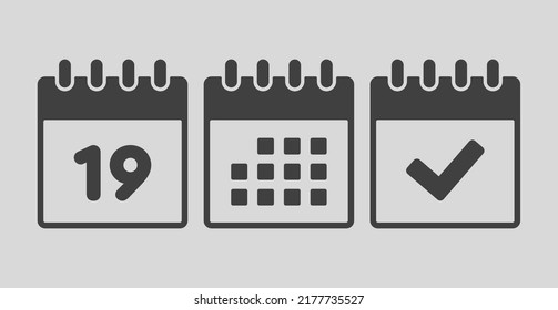 Set vector icons page calendar - number 19, mark done, agenda app. Mark business, deadline, date icon. Pictogram yes, success, check, approved, confirm and reminder. Date schedule nineteen