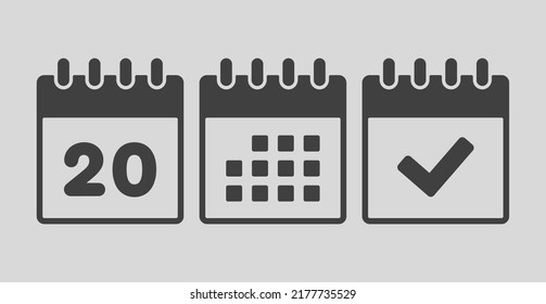 Set vector icons page calendar - number 20, mark done, agenda app. Mark business, deadline, date icon. Pictogram yes, success, check, approved, confirm and reminder. Date schedule twenty