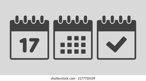 Establecer el calendario de páginas de iconos vectoriales - número 17, marca hecha, aplicación agenda. Marcar negocio, fecha límite, icono de fecha. Pictograma sí, éxito, comprobación, aprobación, confirmación y recordatorio. Calendario diecisiete