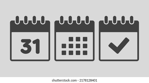Set vector icons page calendar - number 31, mark done, agenda app. Mark business, deadline, date icon. Pictogram yes, success, check, approved, confirm and reminder. Date schedule thirty one