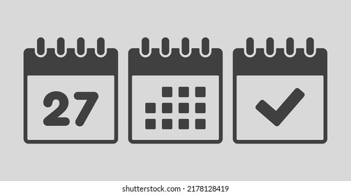 Set vector icons page calendar - number 27, mark done, agenda app. Mark business, deadline, date icon. Pictogram yes, success, check, approved, confirm and reminder. Date schedule twenty seven
