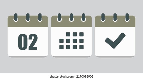 Set vector icons page calendar - number 2, mark done, agenda app. Mark business, deadline, date icon. Pictogram yes, success, check, approved, confirm and reminder. Date schedule two