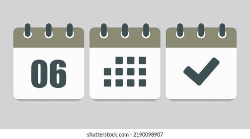 Stellen Sie Vektorsymbole auf der Seite Kalender ein - Nummer 6, Markierung fertig, Agenda App. Markieren Sie Business, Deadline, Datumssymbol. Piktogramm ja, Erfolg, Prüfung, Genehmigung, Bestätigung und Erinnerung. Datum sechs
