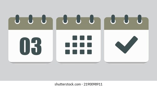 Stellen Sie Vektorsymbole auf der Seite Kalender ein - Nummer 3, Markierung fertig, Agenda App. Markieren Sie Business, Deadline, Datumssymbol. Piktogramm ja, Erfolg, Prüfung, Genehmigung, Bestätigung und Erinnerung. Datum des dritten Termins
