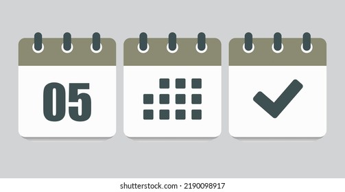 Set vector icons page calendar - number 5, mark done, agenda app. Mark business, deadline, date icon. Pictogram yes, success, check, approved, confirm and reminder. Date schedule five