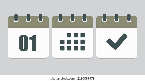 Stellen Sie Vektorsymbole auf der Seite Kalender ein - Nummer 1, Markierung fertig, Agenda App. Markieren Sie Business, Deadline, Datumssymbol. Piktogramm ja, Erfolg, Prüfung, Genehmigung, Bestätigung und Erinnerung. Erster Termin
