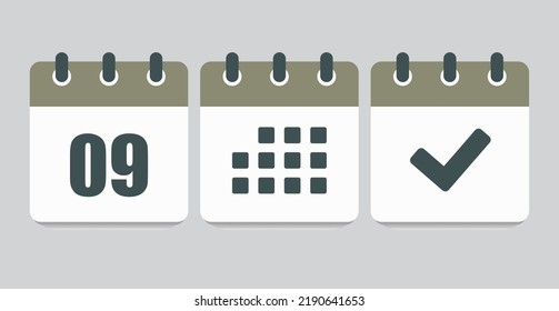 Set vector icons page calendar - number 9, mark done, agenda app. Mark business, deadline, date icon. Pictogram yes, success, check, approved, confirm and reminder. Date schedule nine